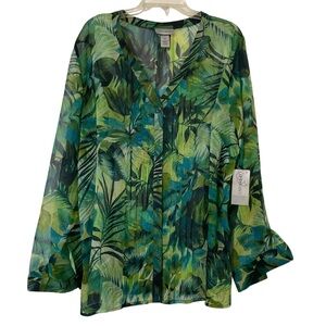 Catherines Green Leaf Print Blouse Long Sleeve 100% Polyester